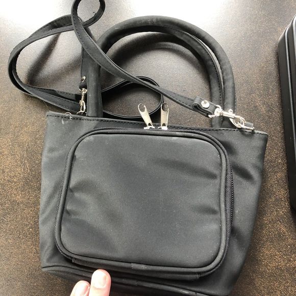 Vintage 90s Y2K Black Handbag Butterfly Pin Crossbody Makeup Organizer Pockets - Picture 3 of 9